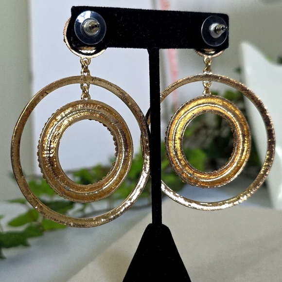 Statement Gold with Champagne Rhinestones Double Hoop Earrings - Picture 9 of 9